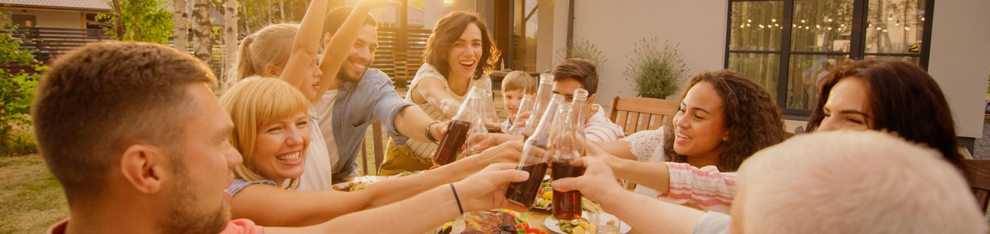 happy group of people toasting at a back yard party